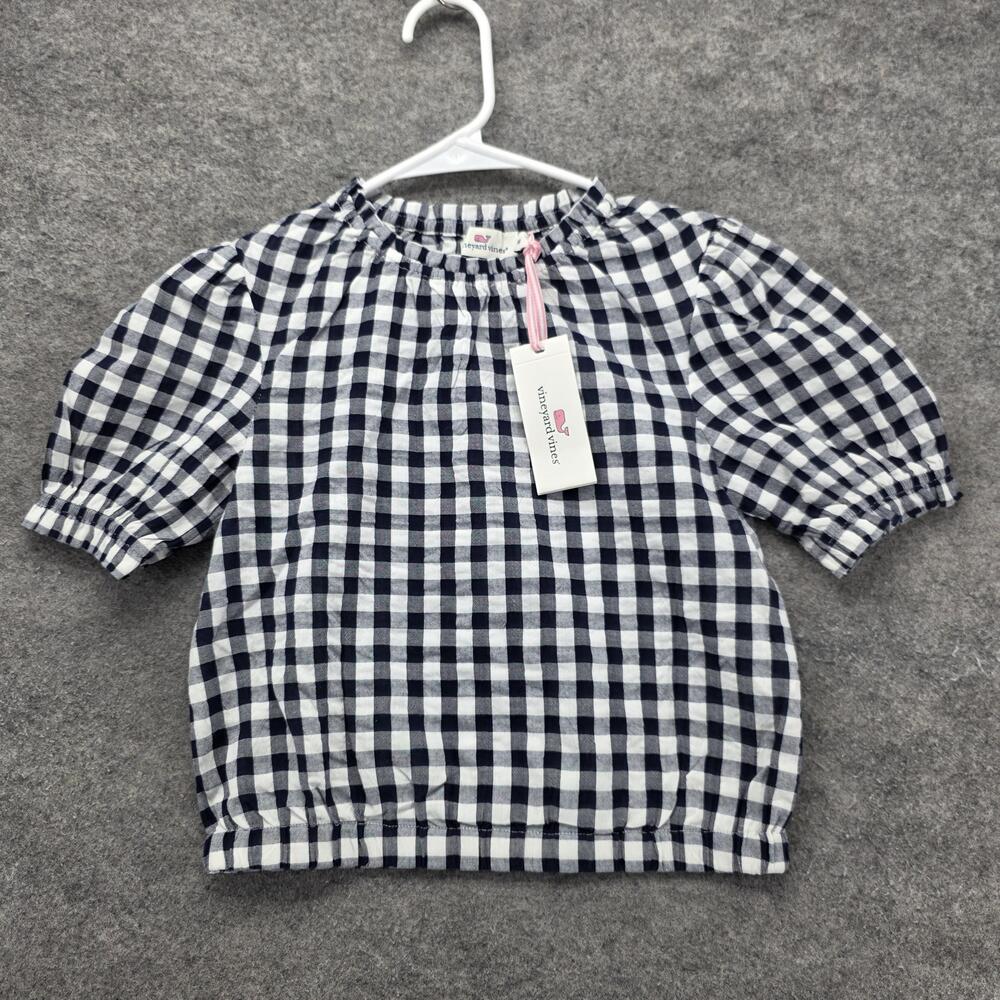 Vineyard Vines Shirt Girls Medium Navy White Gingham Puff Sleeve Top Blouse